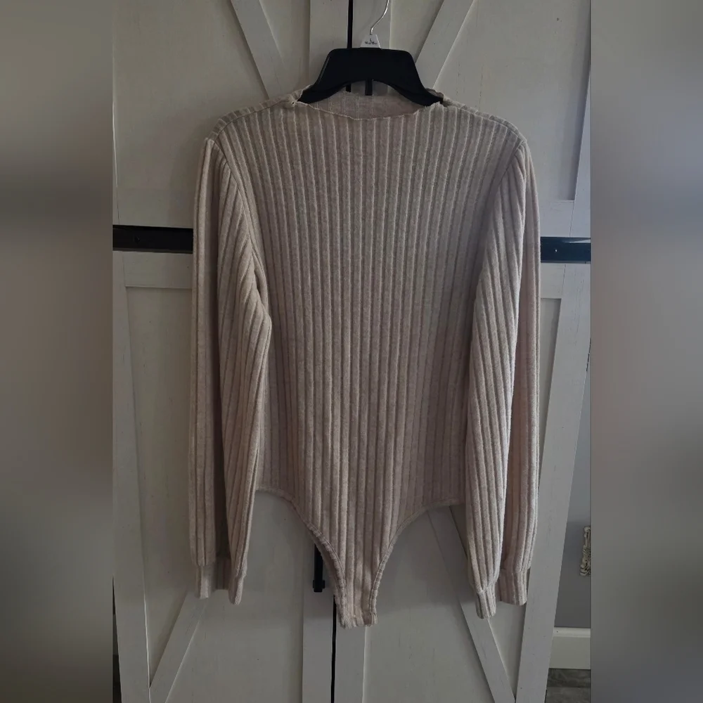Cream Ribbed Long Sleeve Bodysuit - Picture 1 of 6